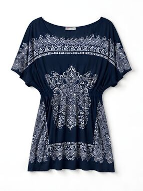 Julie’s Closet Maternity Top L Navy Blue White Boho Floral Print Empire Waist Bl